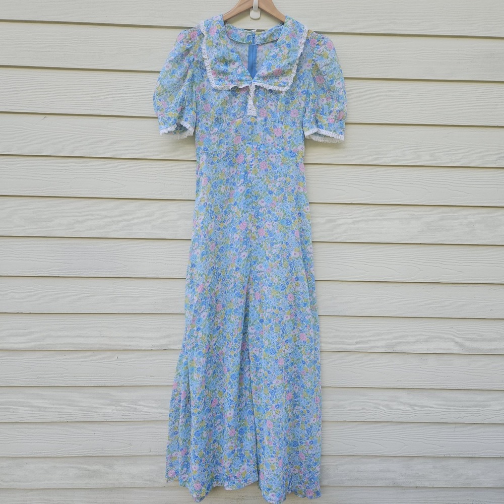 Vintage 70s Sheer Prairie Maxi Dress Floral Empire Waist Women XS/S Boho Cottage